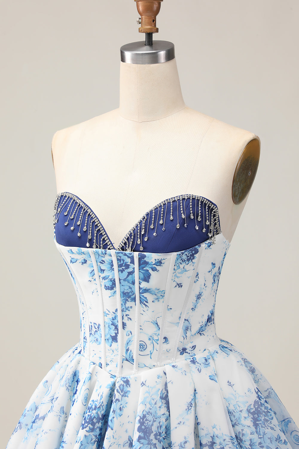 White Blue Flower A-Line Strapless Printed Beaded Short Prom Dress