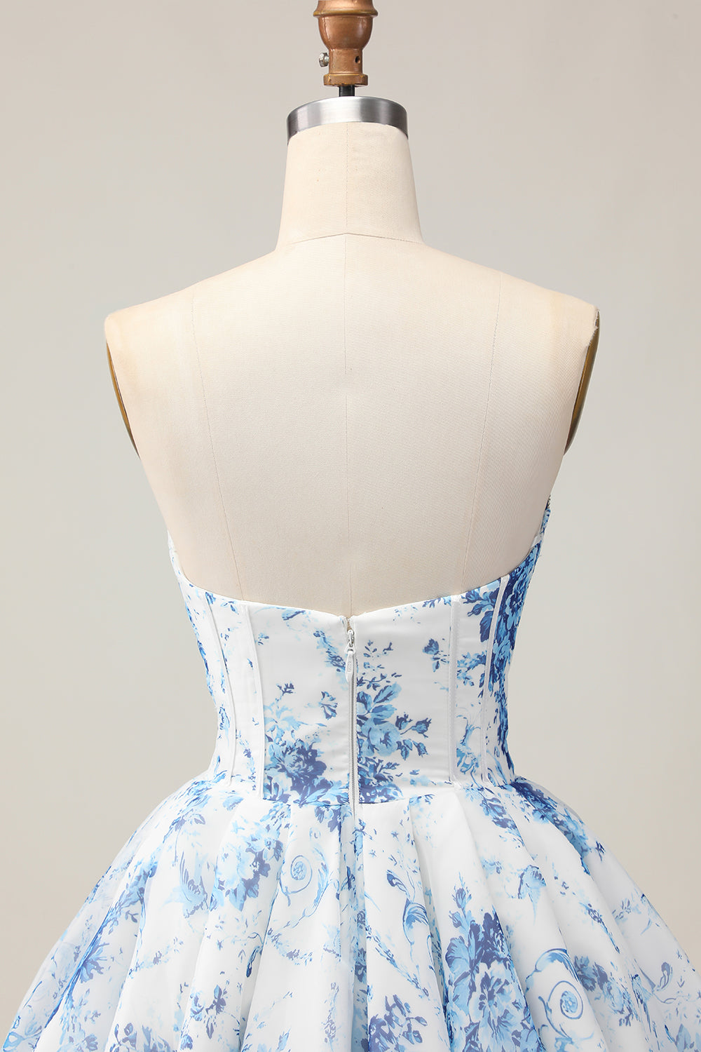 White Blue Flower A-Line Strapless Printed Beaded Short Prom Dress
