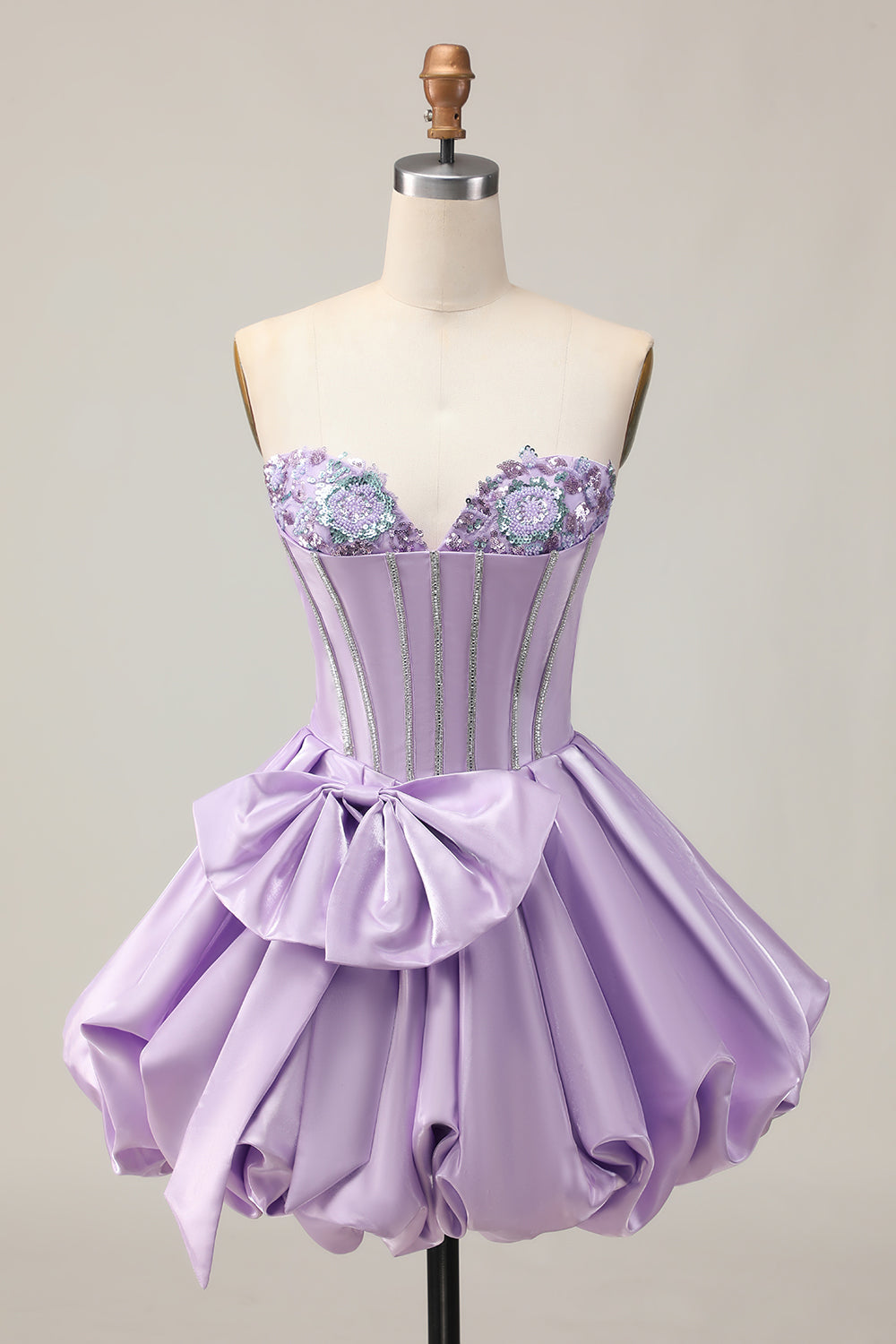 Sparkly Purple A-Line Strapless Sequins Short Prom Dress with Bow
