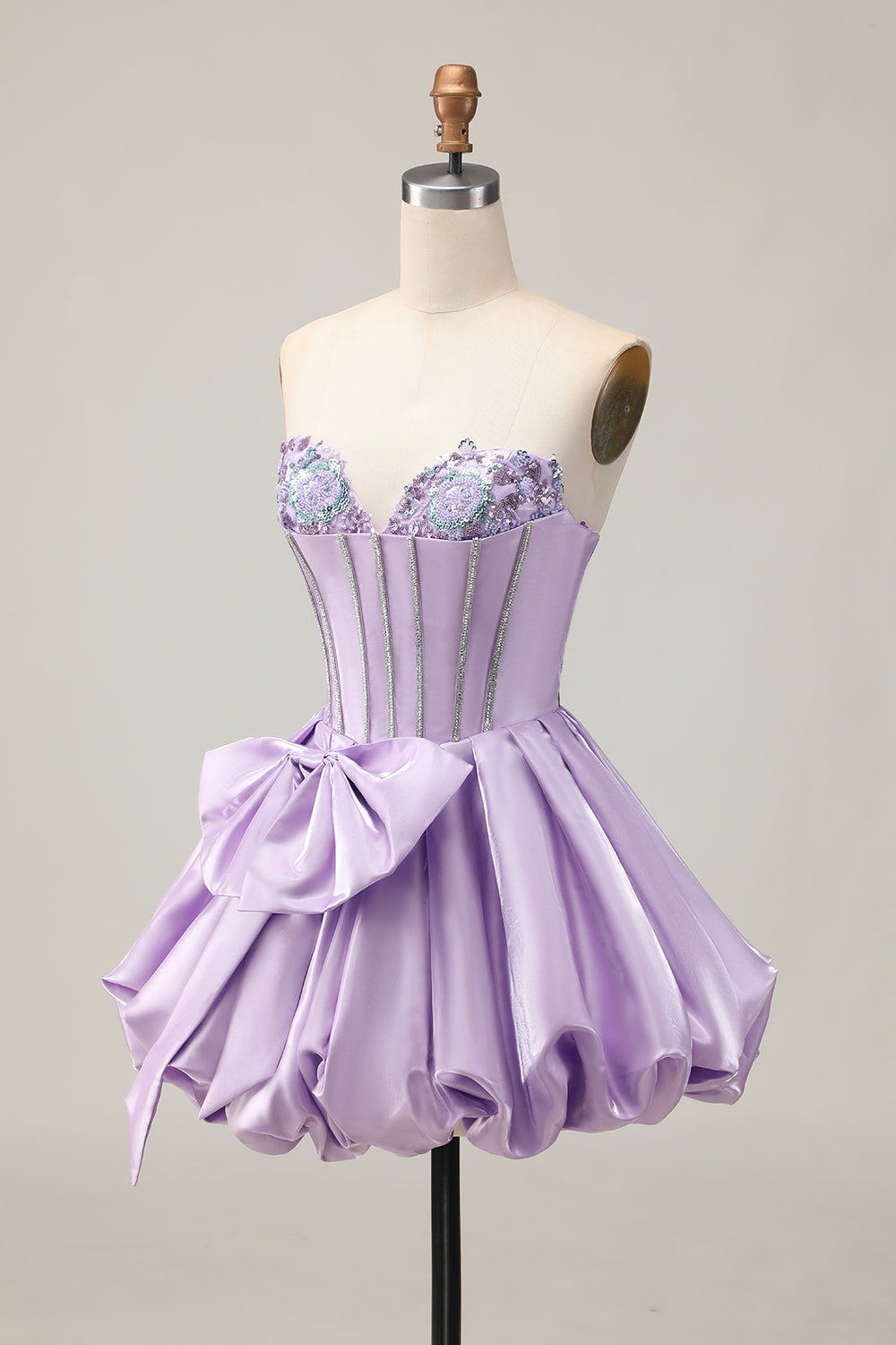Sparkly Purple A-Line Strapless Sequins Short Prom Dress with Bow