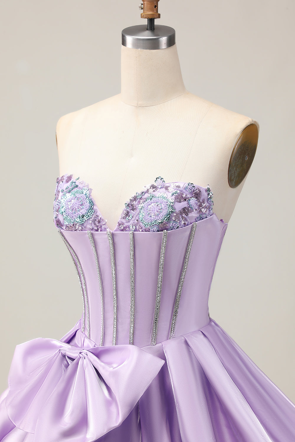 Sparkly Purple A-Line Strapless Sequins Short Prom Dress with Bow