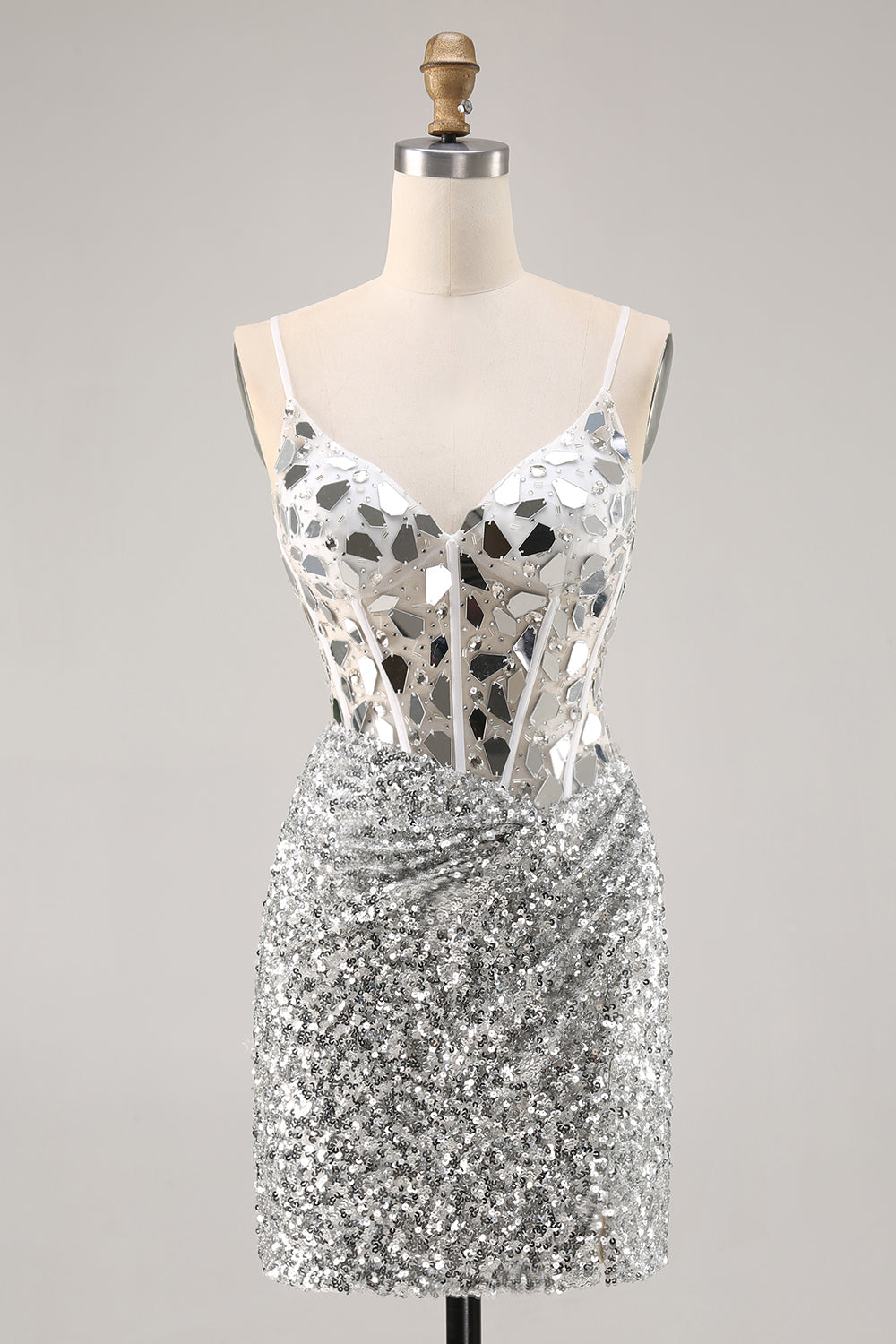 Corset Silver V Neck Bodycon Mirror Cocktail Dress