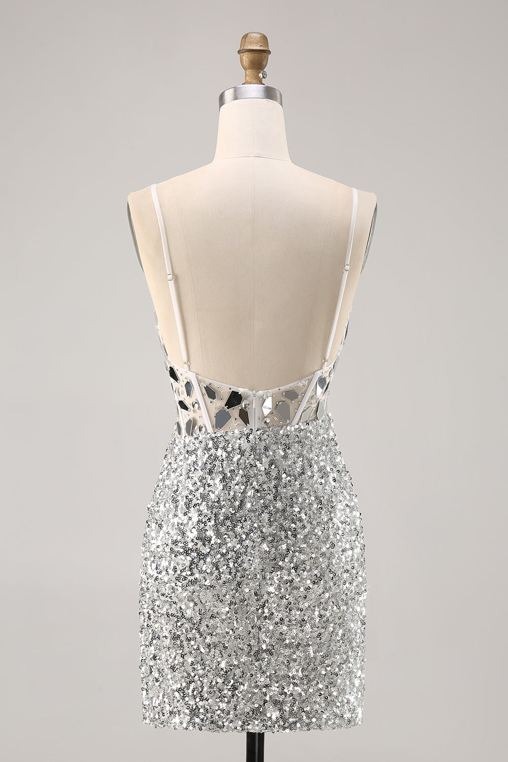 Corset Silver V Neck Bodycon Mirror Cocktail Dress