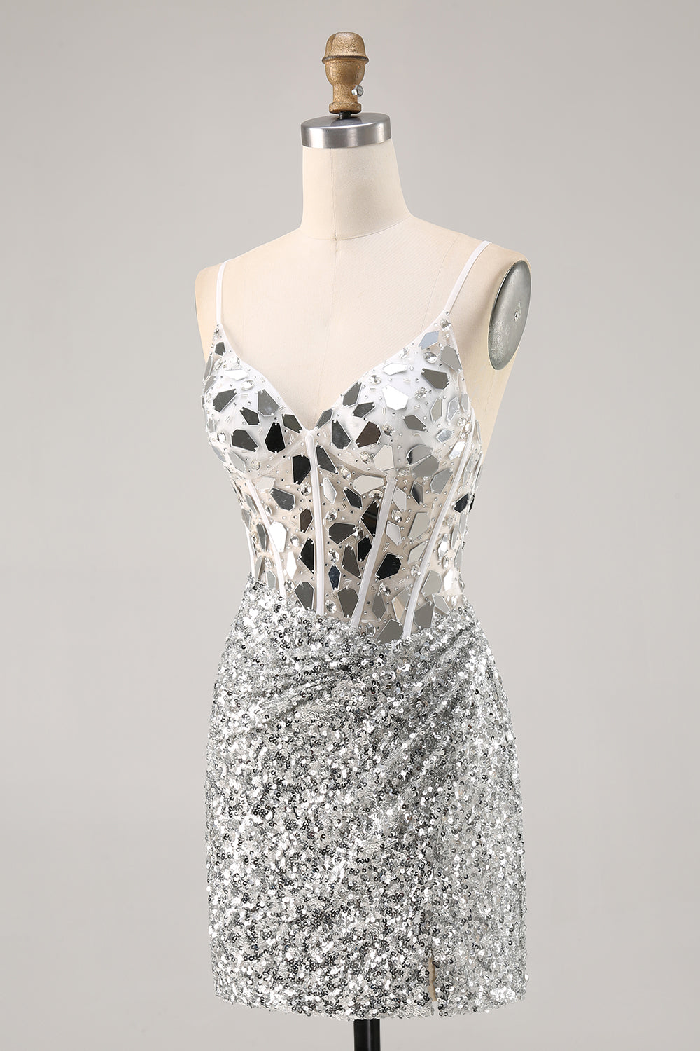 Corset Silver V Neck Bodycon Mirror Cocktail Dress
