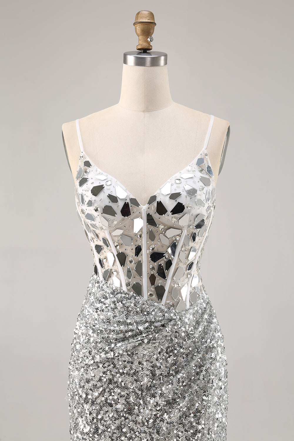 Corset Silver V Neck Bodycon Mirror Cocktail Dress