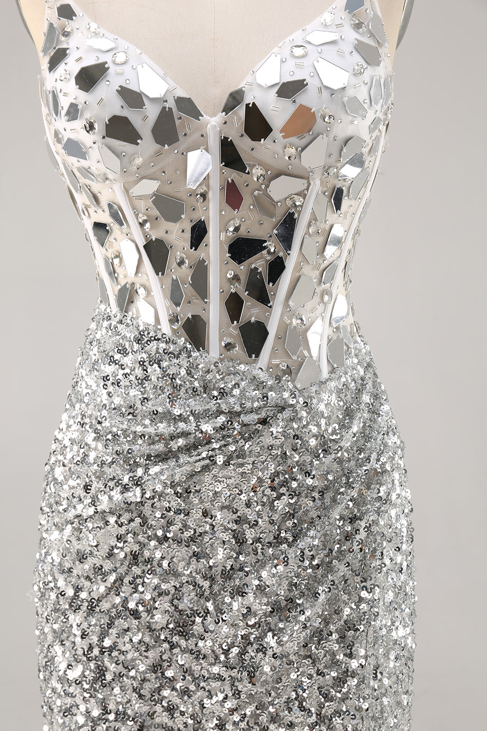 Corset Silver V Neck Bodycon Mirror Cocktail Dress