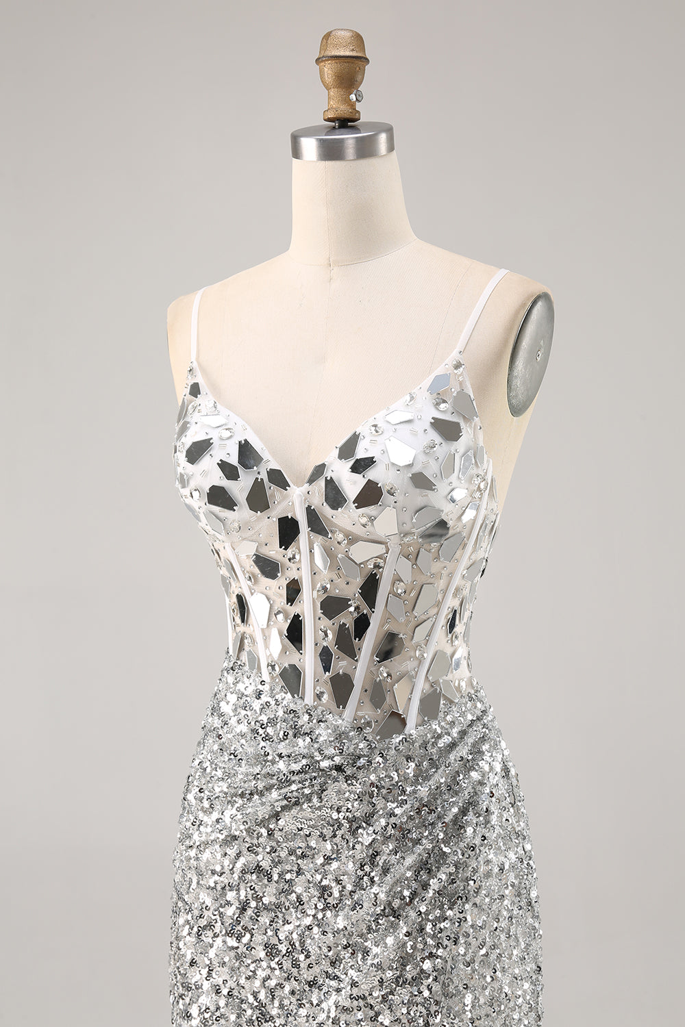 Corset Silver V Neck Bodycon Mirror Cocktail Dress