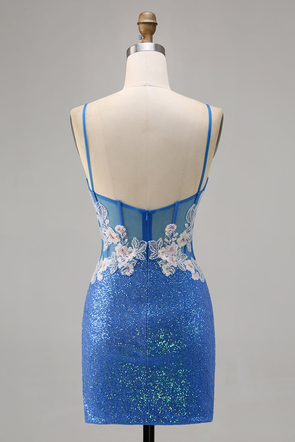 Sparkly Floral Blue Bodycon Sequin Cocktail Dress