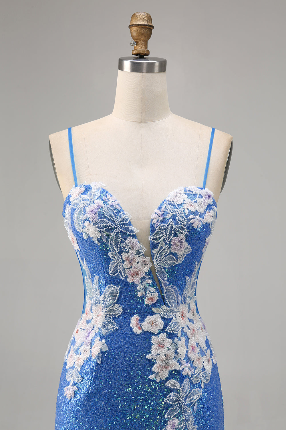 Sparkly Floral Blue Bodycon Sequin Cocktail Dress