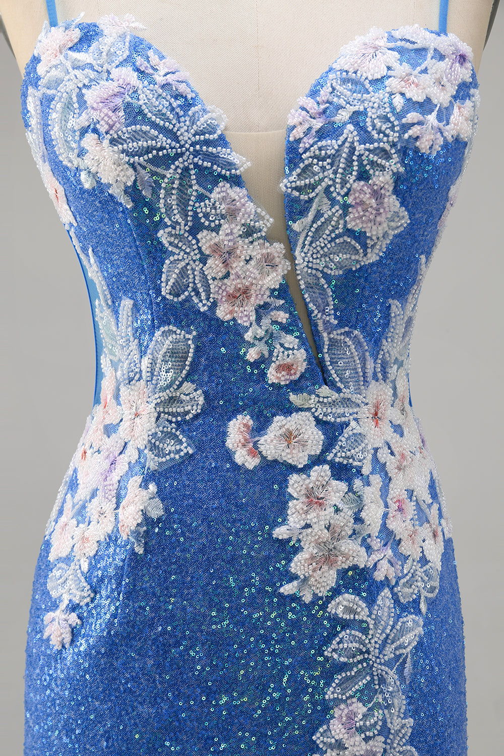 Sparkly Floral Blue Bodycon Sequin Cocktail Dress