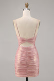 Blush Cut Out Ruched Tight Glitter Short Prom Dress