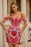 Red Off the Shoulder Bodycon Cocktail Dress with Sequins