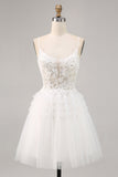 White Tulle A Line Short Prom Dress with Appliques