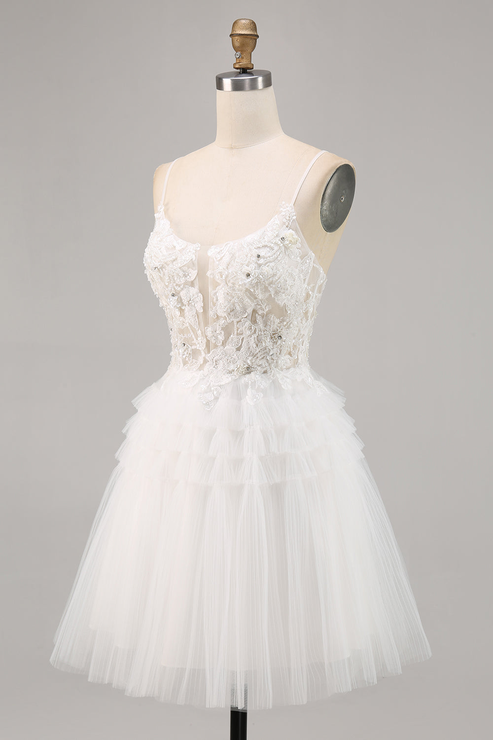 White Tulle A Line Short Prom Dress with Appliques