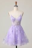 Purple A Line Tulle Cocktail Dress with Appliques