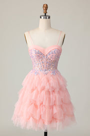 Pink Corset Sequin A Line Cocktail Dress