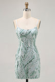 Green Bodycon Spaghetti Straps Beaded Cocktail Dress with Sequins