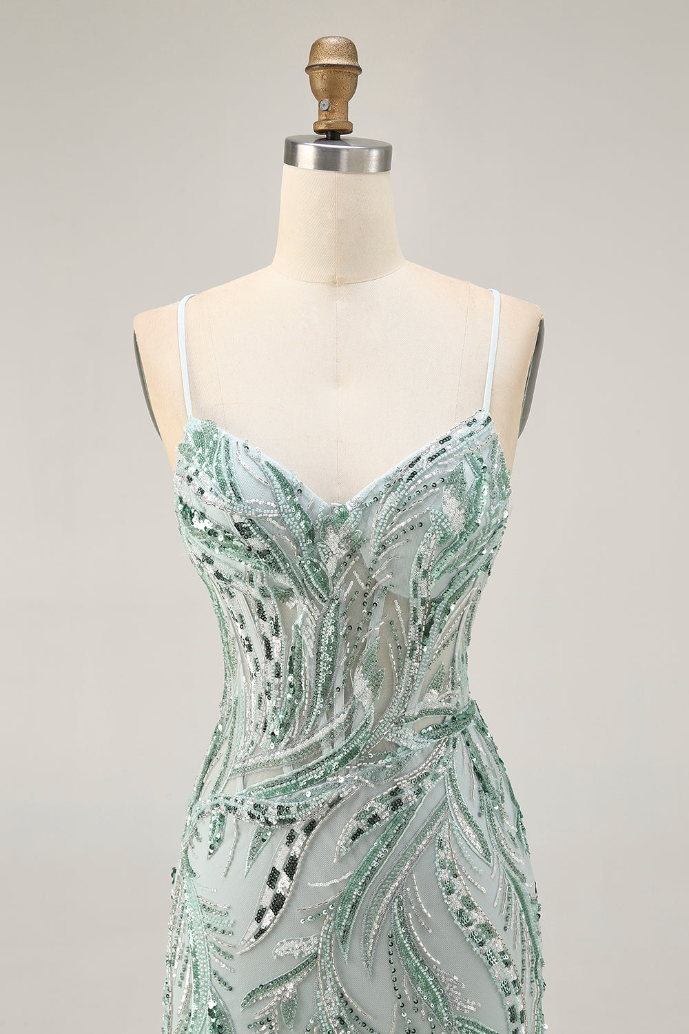 Green Beaded Bodycon Cocktail Dress with Lace Up Back