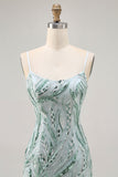Green Bodycon Spaghetti Straps Beaded Cocktail Dress with Sequins