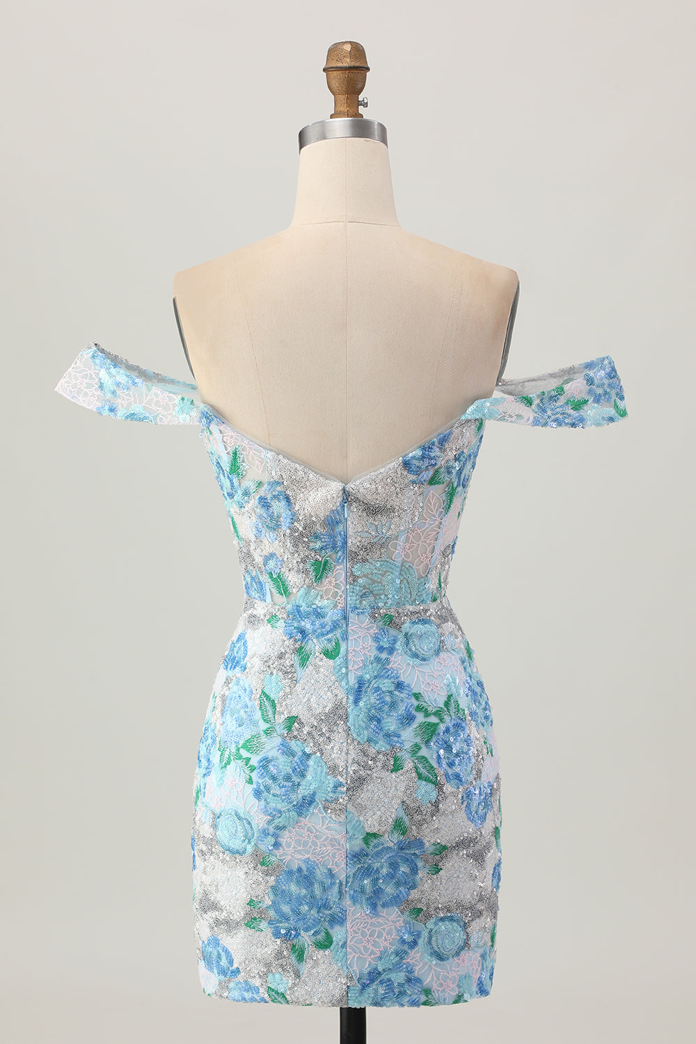 White Blue Flower Bodycon Off the Shoulder Sequins Cocktail Dress