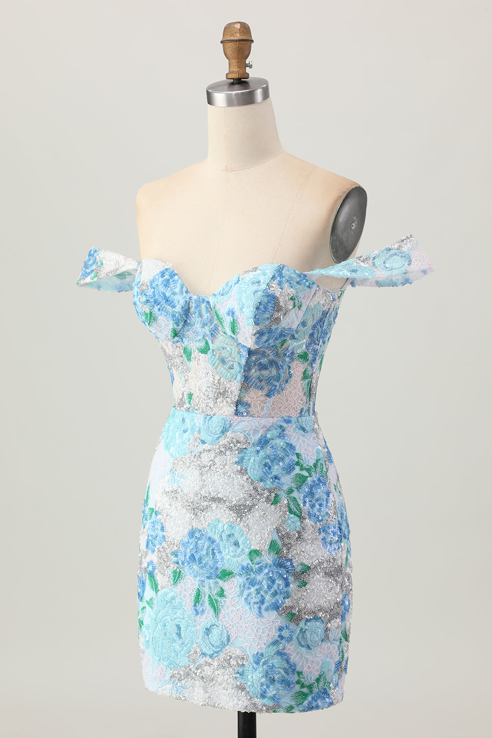 White Blue Flower Bodycon Off the Shoulder Sequins Cocktail Dress