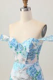White Blue Flower Bodycon Off the Shoulder Sequins Cocktail Dress