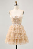 Champagne A Line Strapless Tiered Appliqued Cocktail Dress