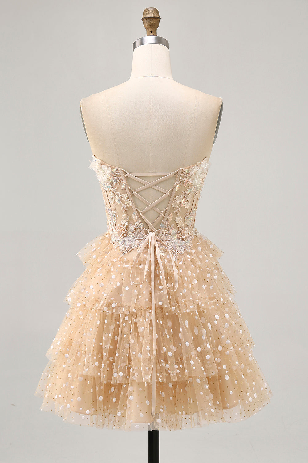 Champagne A Line Strapless Tiered Appliqued Cocktail Dress