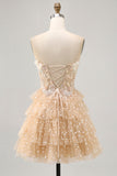 Champagne A Line Strapless Tiered Appliqued Cocktail Dress