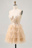 Champagne A Line Strapless Tiered Appliqued Cocktail Dress