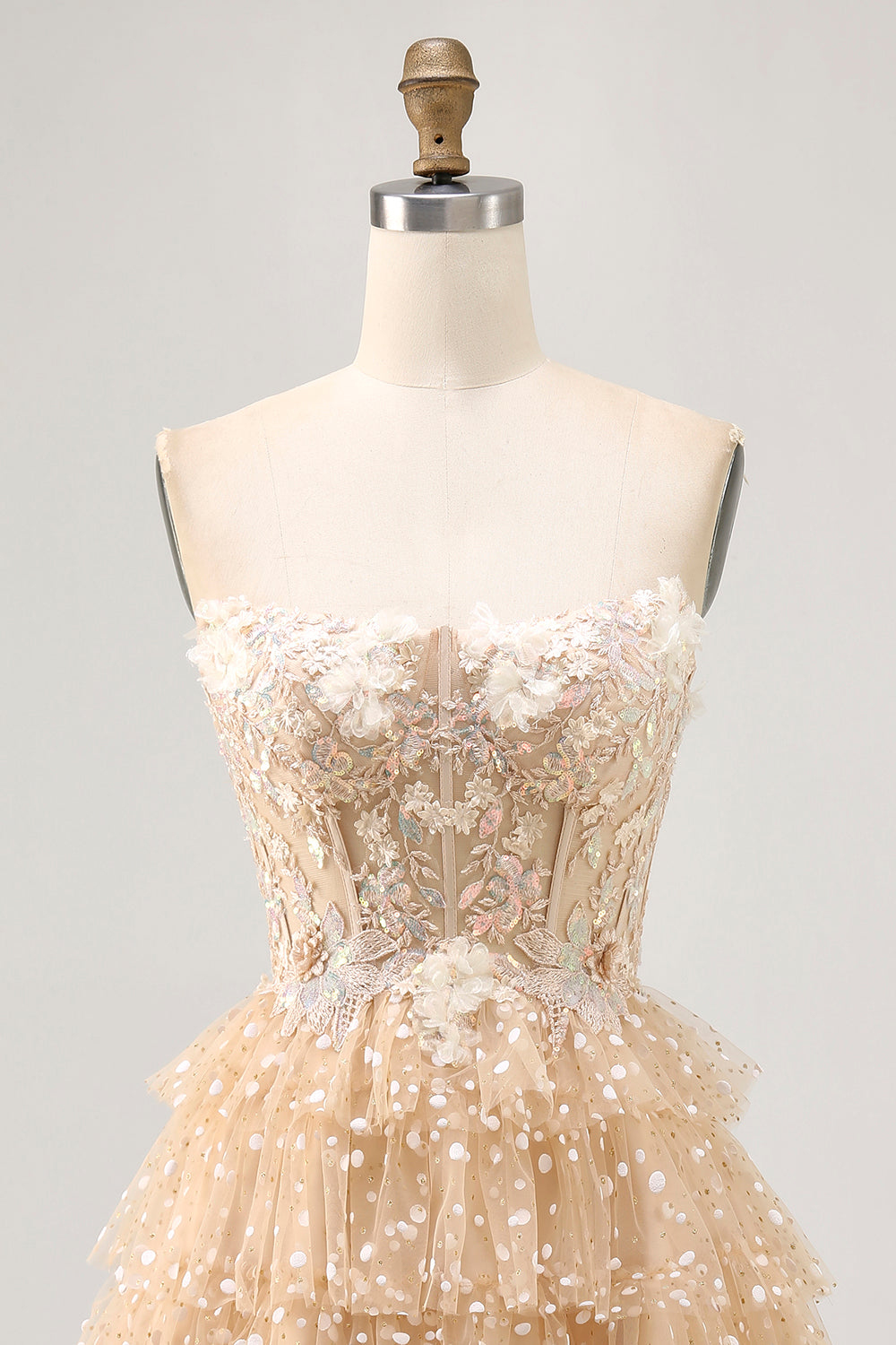 Champagne A Line Strapless Tiered Appliqued Cocktail Dress