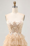 Champagne A Line Strapless Tiered Appliqued Cocktail Dress