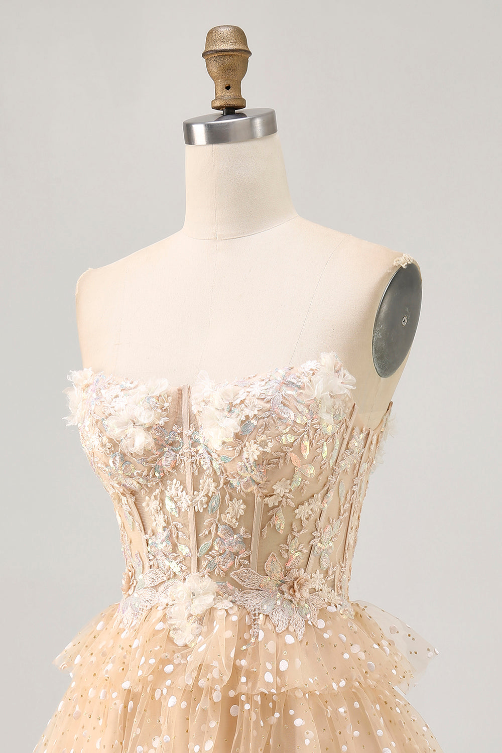Champagne A Line Strapless Tiered Appliqued Cocktail Dress