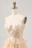 Champagne A Line Strapless Tiered Appliqued Cocktail Dress