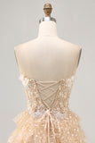 Champagne A Line Strapless Tiered Appliqued Cocktail Dress