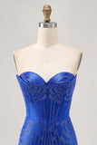 Strapless Royal Blue Beaded Bodycon Short Cocktail Dress