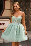 Sage Green A-Line Spaghetti Straps Corset Short Prom Dress with Appliques