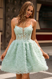 Sage Green A-Line Spaghetti Straps Corset Short Prom Dress with Appliques