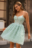 Sage Green A-Line Spaghetti Straps Corset Short Prom Dress with Appliques