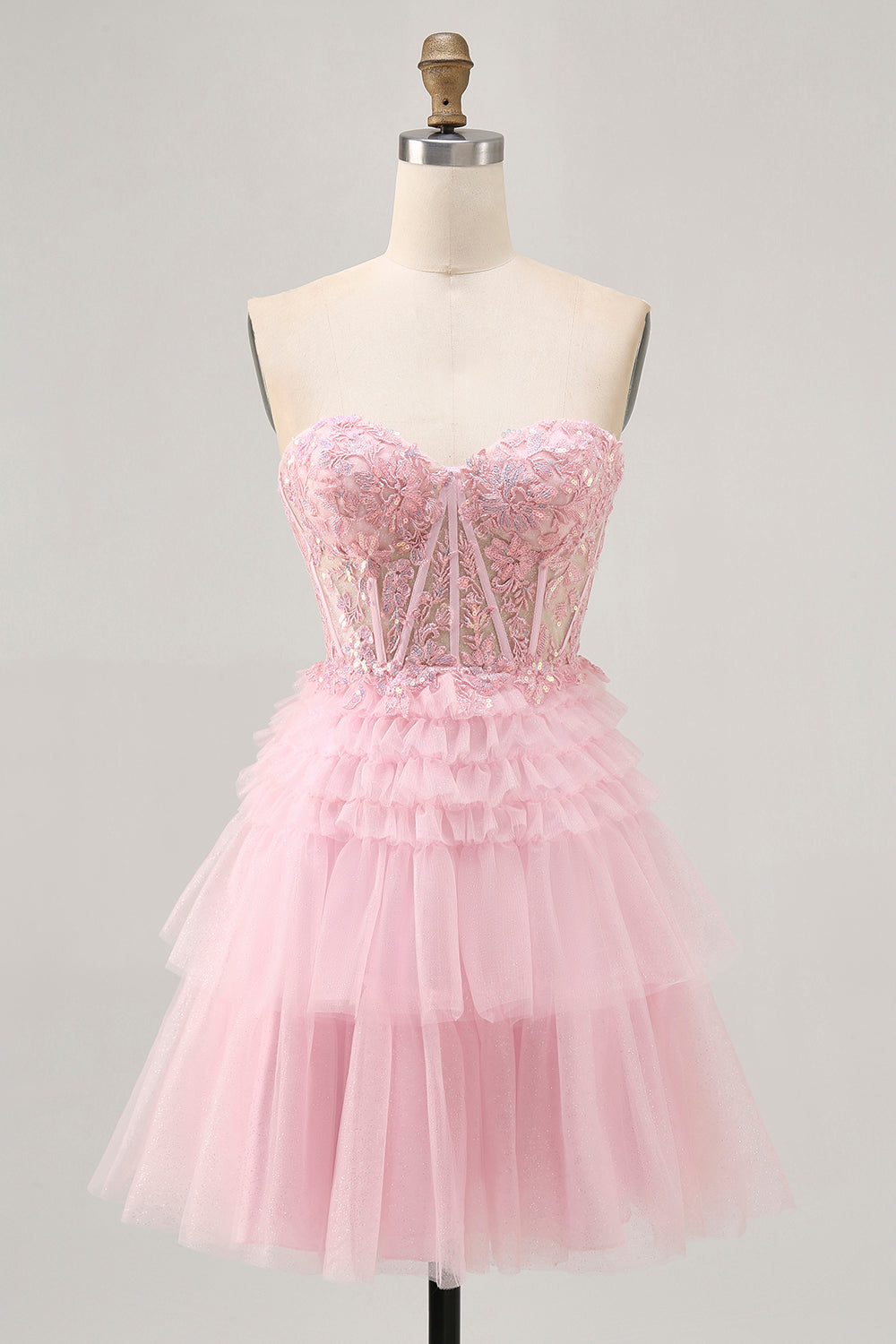 Strapless Pink A Line Corset Cocktail Dress with Appliques