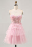 Strapless Pink A Line Corset Cocktail Dress with Appliques