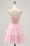 Strapless Pink A Line Corset Cocktail Dress with Appliques