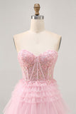 Strapless Pink A Line Corset Cocktail Dress with Appliques