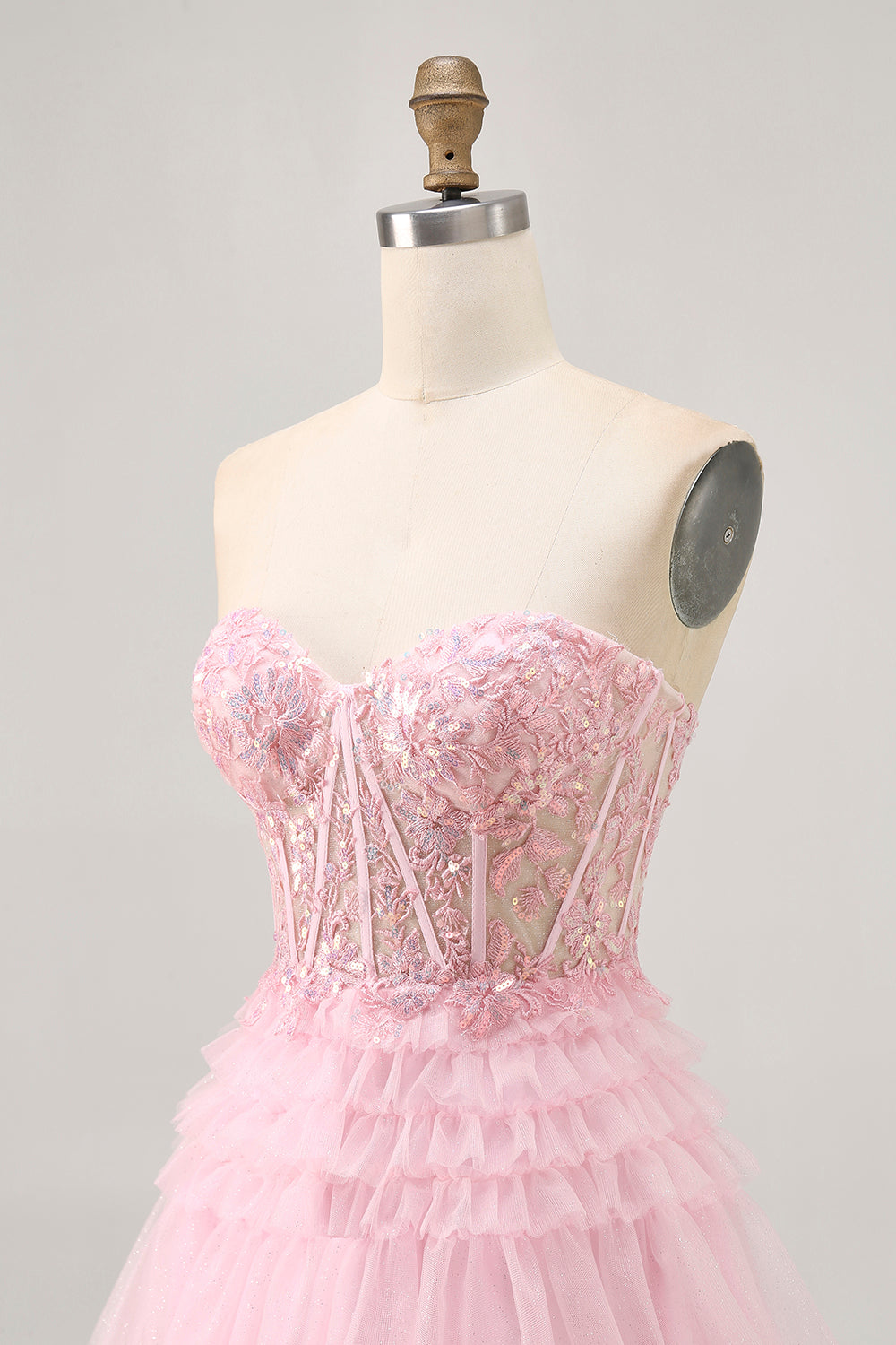 Strapless Pink A Line Corset Cocktail Dress with Appliques