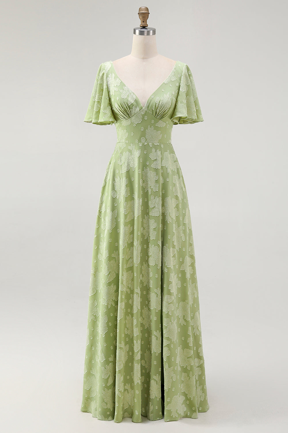 Green Floral A Line Short Sleeve Bridesmaid Dress