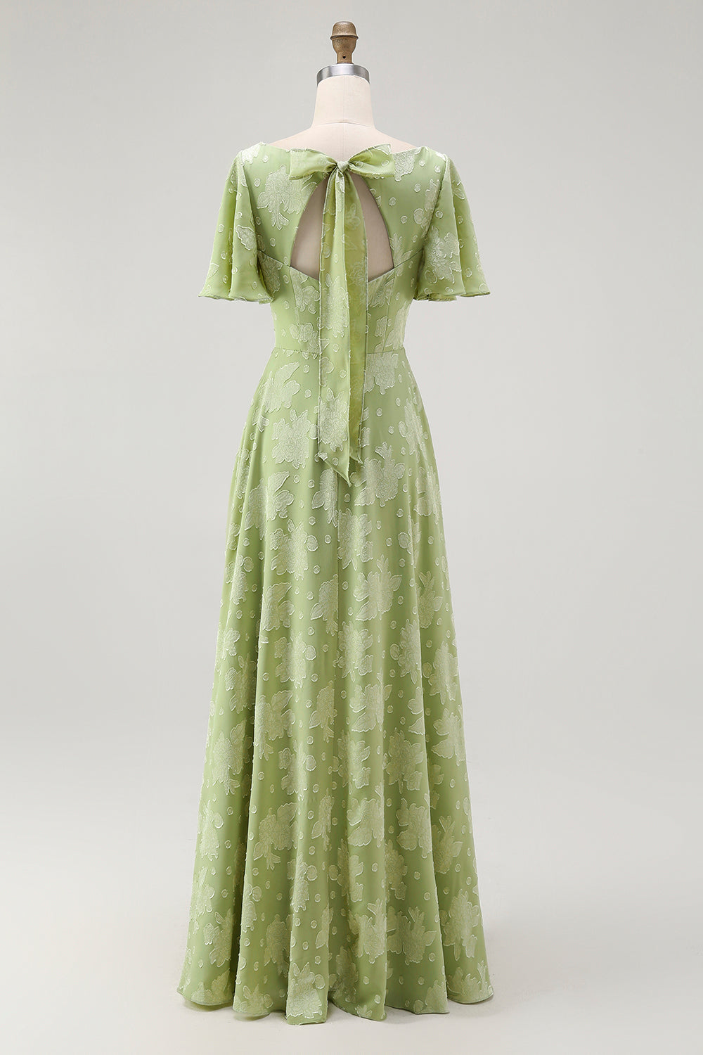 Green Floral A Line Short Sleeve Bridesmaid Dress