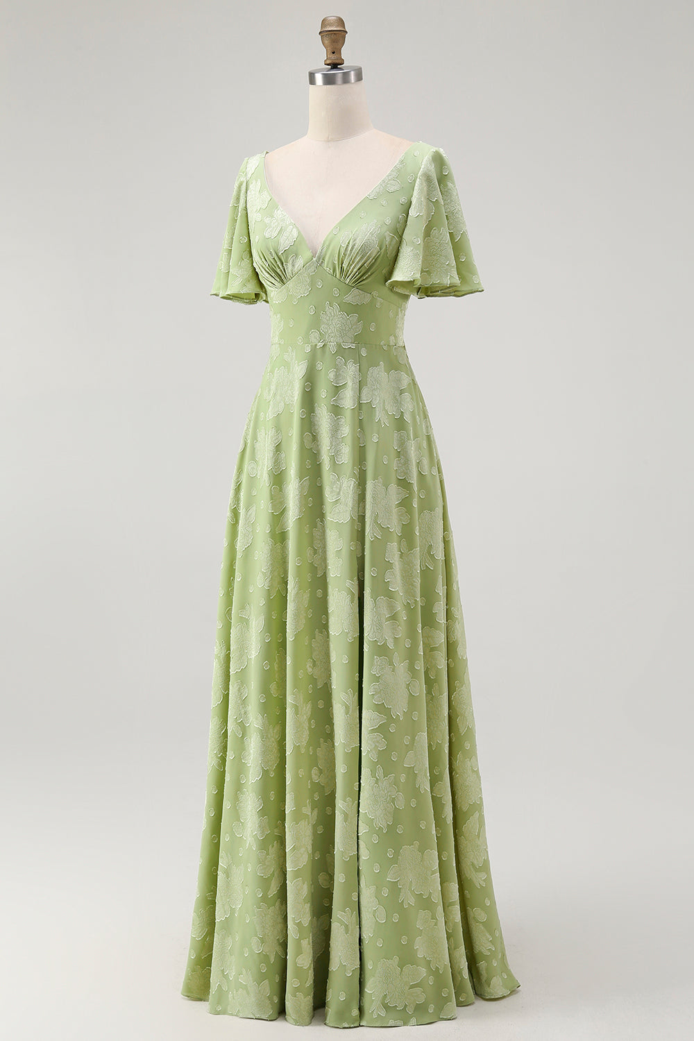 Green Floral A Line Short Sleeve Bridesmaid Dress