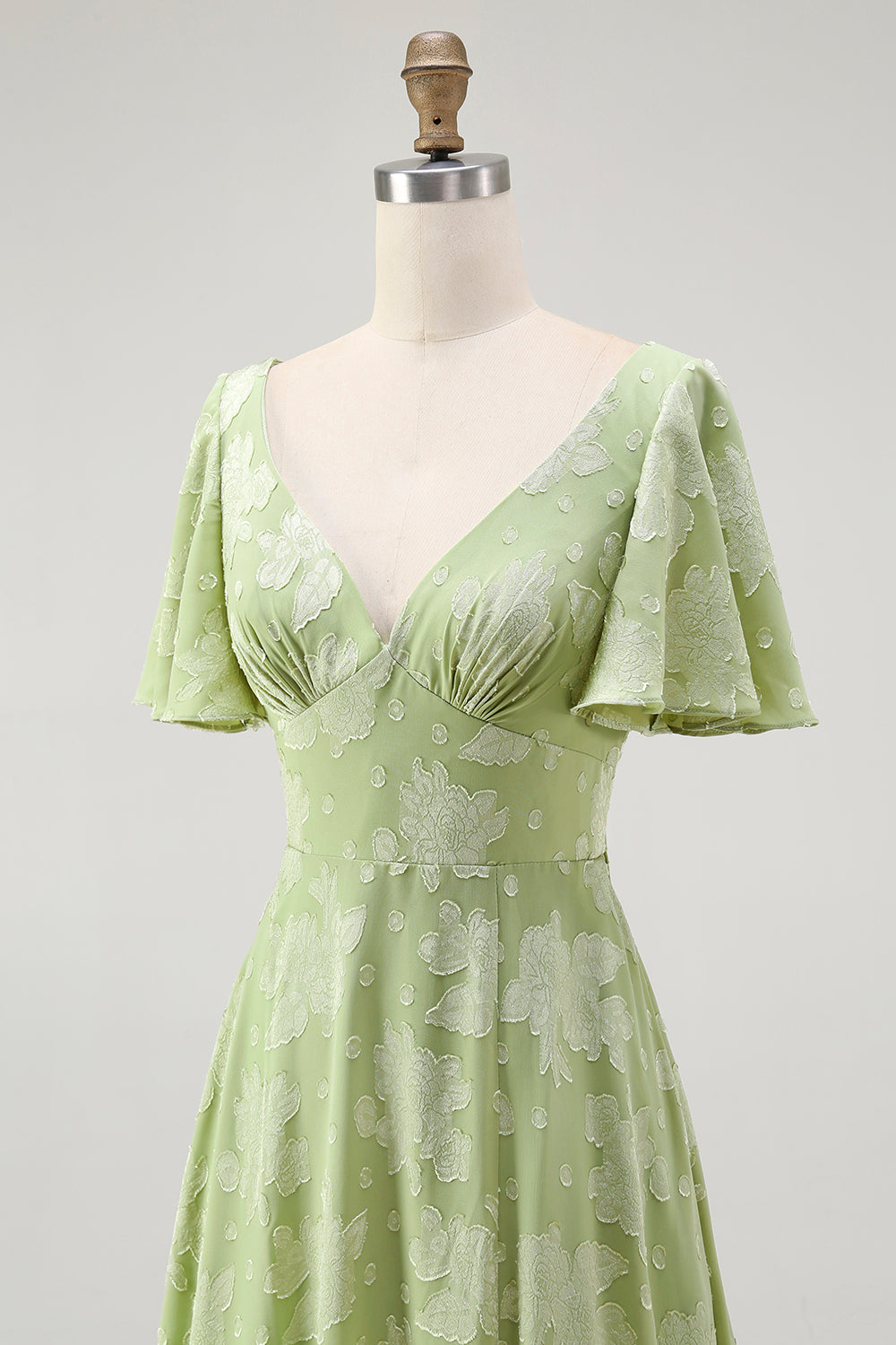 Green Floral A Line Short Sleeve Bridesmaid Dress