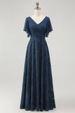 Navy Floral A Line V Neck Long Bridesmaid Dress with Flutter Sleeves