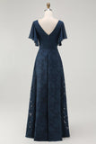 Navy Floral A Line V Neck Long Bridesmaid Dress with Flutter Sleeves